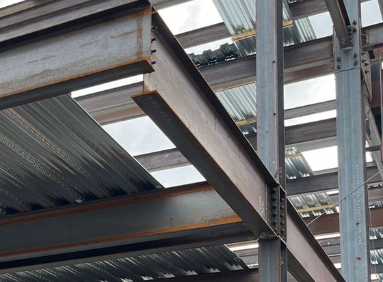I beams welded together as part of office building construction