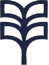 A dark blue, stylized graphic of a plant or tree with two sets of symmetrical, curving leaves on a white background.