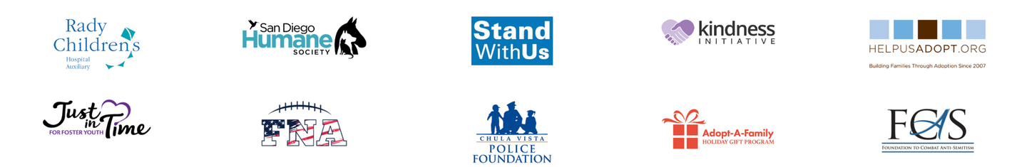 A grid of ten diverse organization logos, including StandWithUs, Just One Thing, and Foys, arranged on a white background.