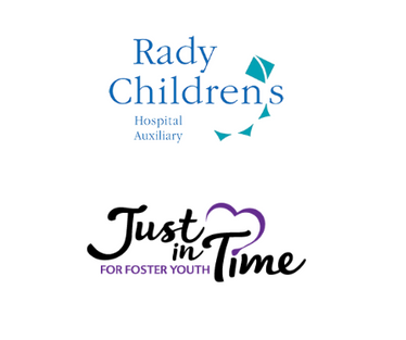 The logos for Rady Children’s Hospital Auxiliary and Just in Time for Foster Youth stacked vertically.