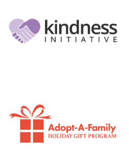 Logos for the Kindness Initiative and its Adopt-A-Family Holiday Gift Program, featuring a purple heart-handshake and red gift.