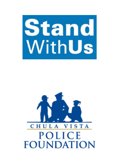 Blue logos for Stand WithUs and the Chula Vista Police Foundation featuring a person in uniform with two individuals.