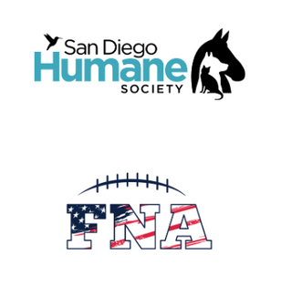 Logos for the San Diego Humane Society and FNA, which features text stylized with an American flag pattern under a ball.