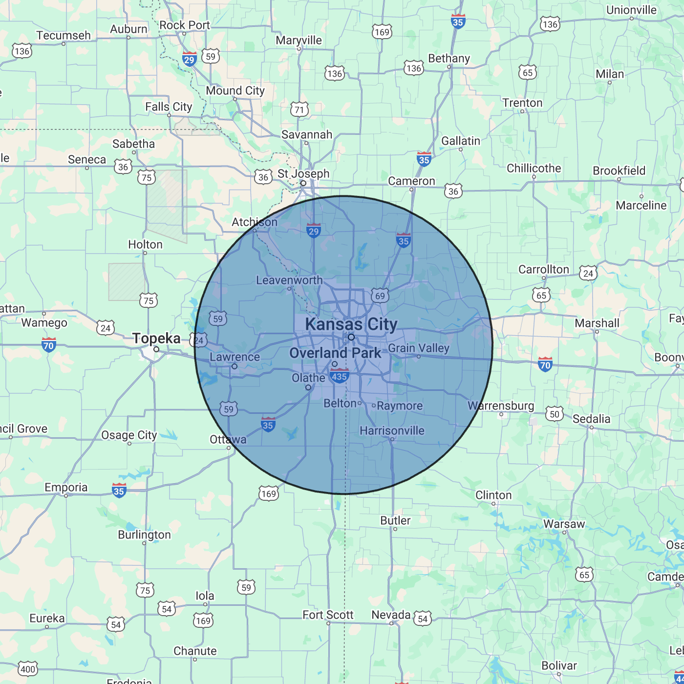 A map of kansas city with a circle around it