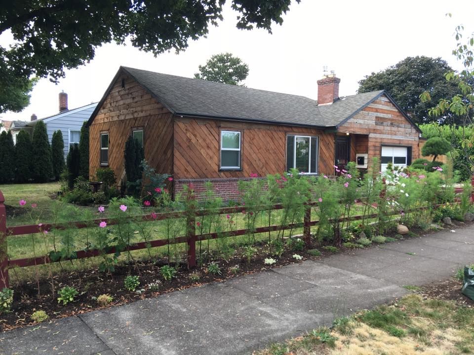 Brown-shingled house with a brick chimney and rose bushes lining a red fence in front.