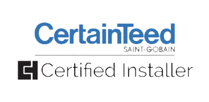 Logo of CertainTeed Certified Installer. Blue and white text. Saint-Gobain logo. Black square with 