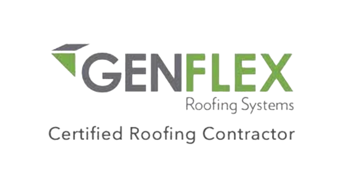 Logo for GenFlex Roofing Systems, gray and green, with 