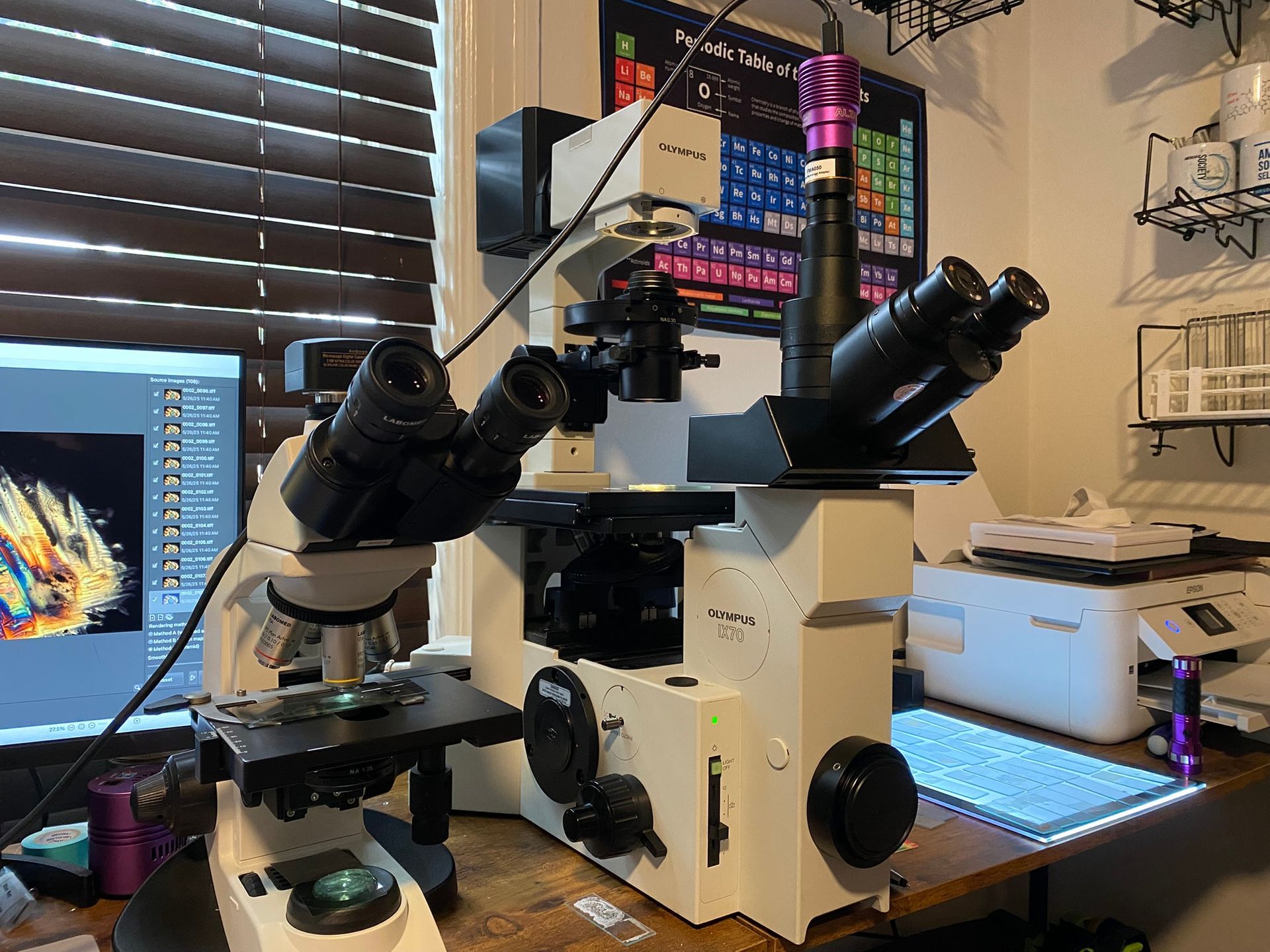 Polarized light microscope used to photograph crystal patterns in pet memorial artwork creation