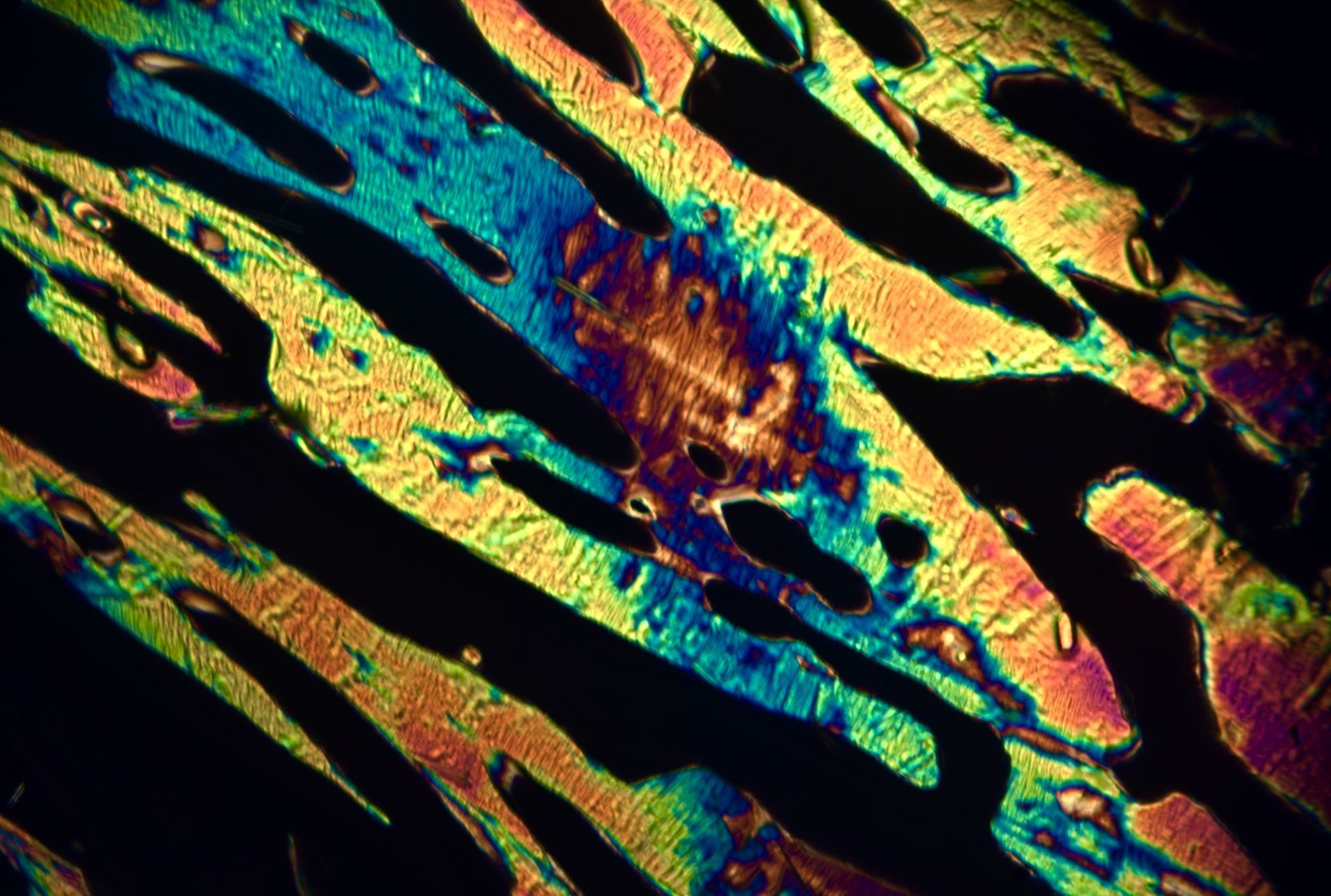 Pet memorial artwork showing blue and rainbow crystal patterns from ashes photographed under polarized light