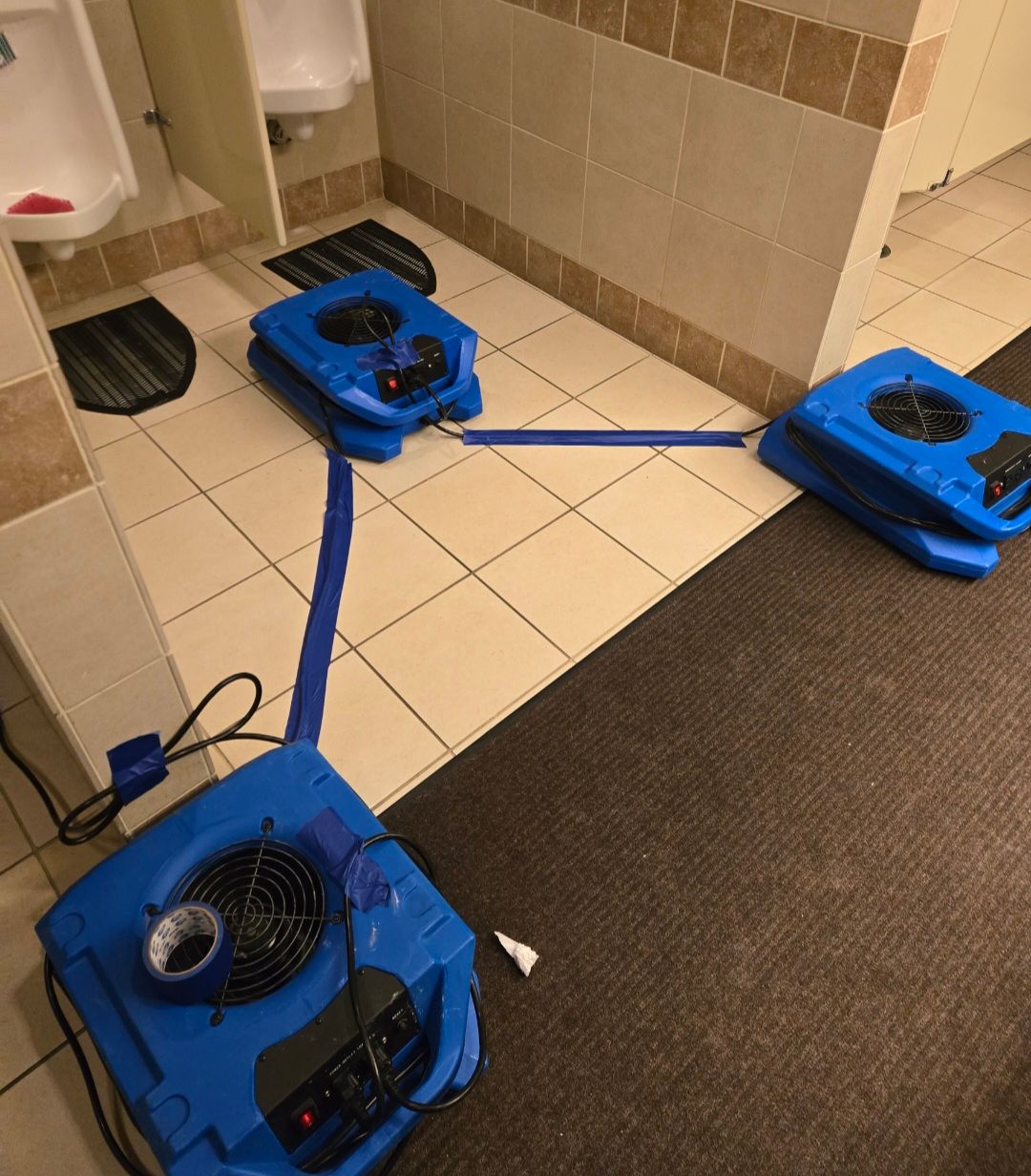 Three blue air movers connected by tubes in a tiled and carpeted bathroom.