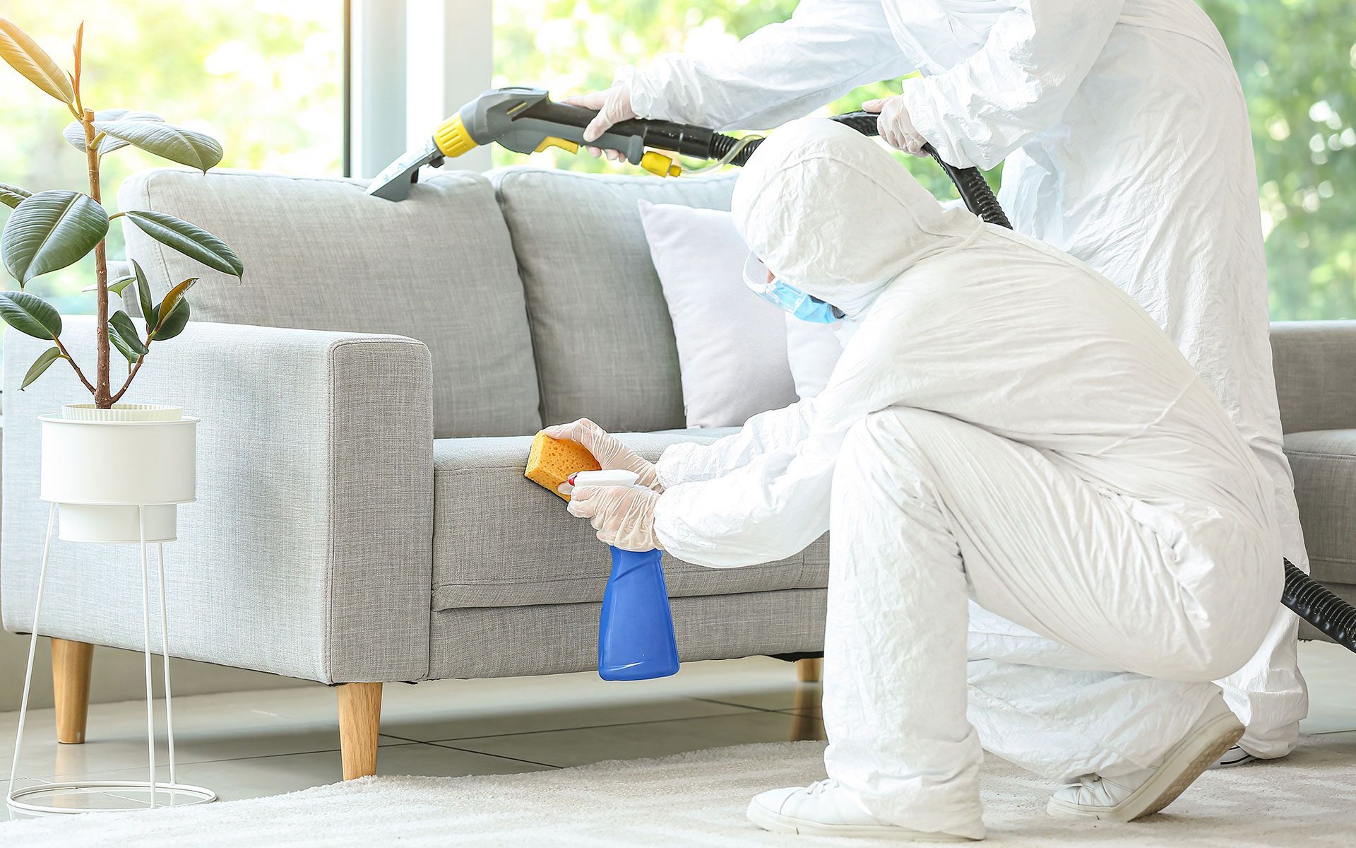 Two people in hazmat suits cleaning a gray sofa with a vacuum and spray bottle in a living room.