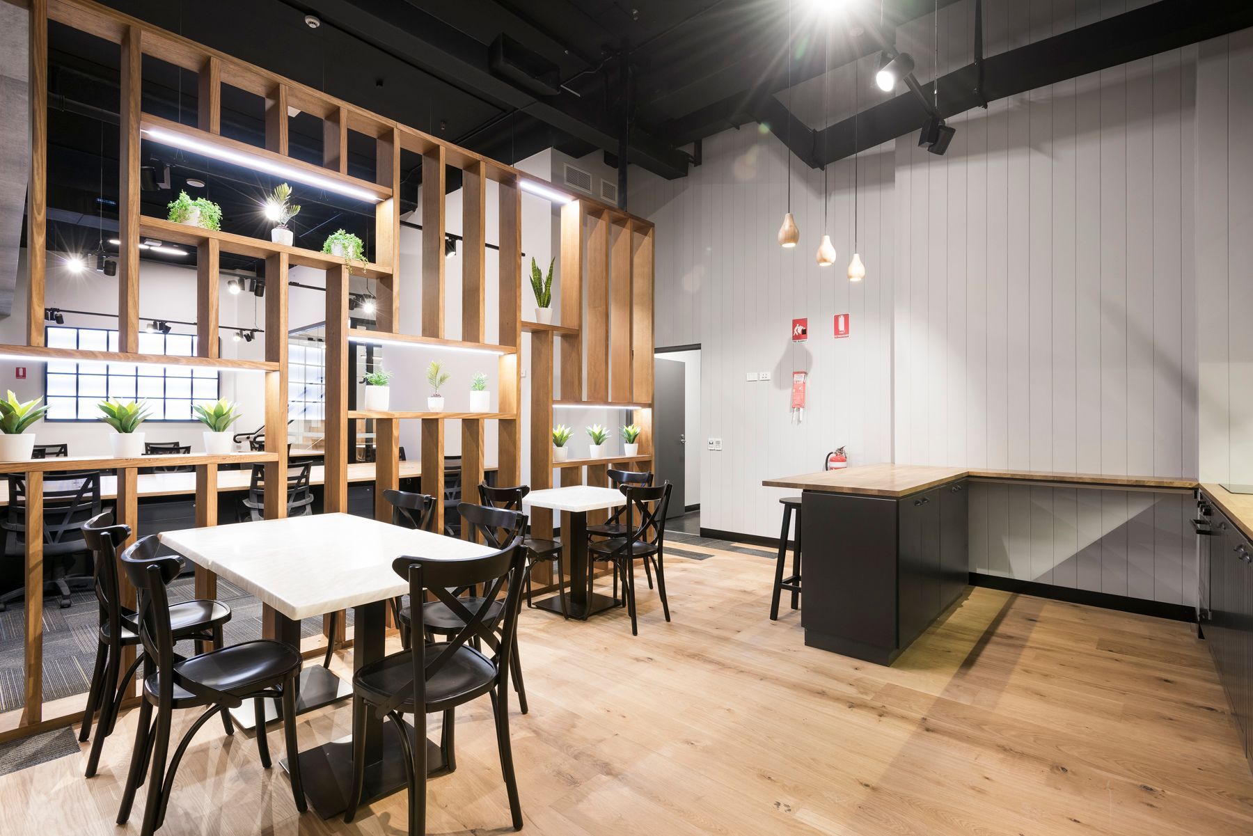 Office Cafe With Tables, Chairs, and Wooden Dividers — ATH Projects in Kirrawee, NSW