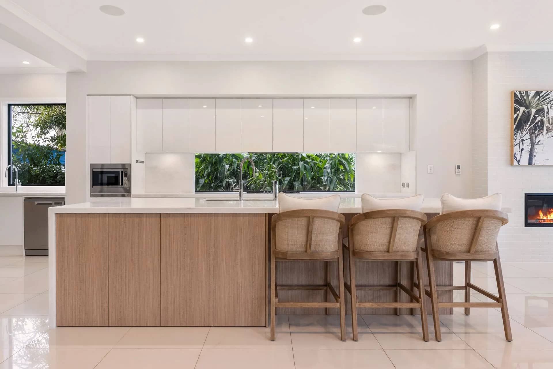 Modern Kitchen With Light Wood Island, White Cabinets, Bar Stools — ATH Projects in Kirrawee, NSW