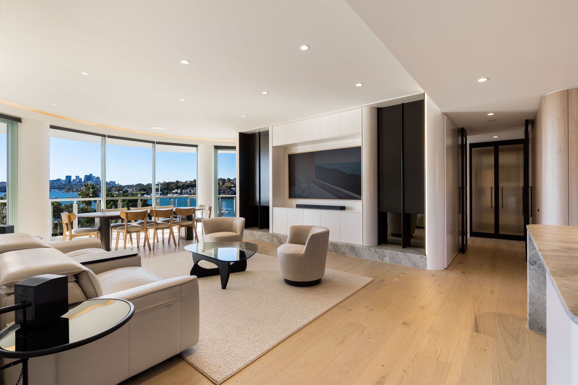 Office With Glass-walled Meeting Rooms, Desks, and Chairs 