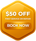 Orange hexagon promo badge with β$50 OFF,β βFirst service or repair,β and βBook nowβ button