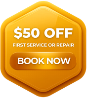 Orange hexagon promo badge with β$50 OFF,β βFirst service or repair,β and βBook nowβ button