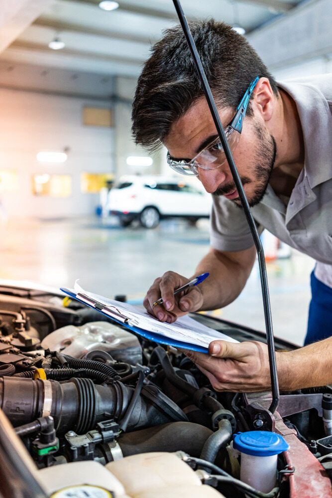 A Man Is Looking Under The Hood Of A Car And Writing On A Clipboard — Carite Auto Repairs In Warana, QLD