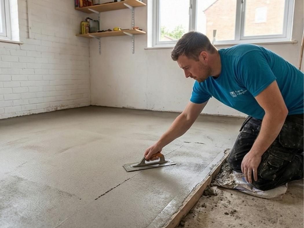 Flooring Nottingham spreading screed on a garage floor in Nottingham