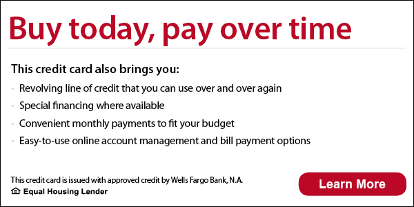 Promo banner reading “Buy today, pay over time” with bulleted credit card benefits and a red “Learn More” button