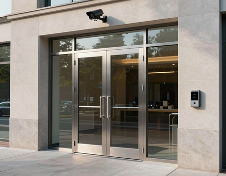 Commercial building entrance with CCTV camera and access control reader