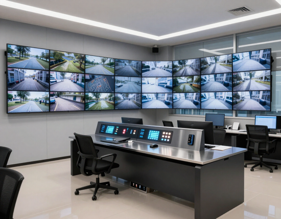 Commercial security control room with CCTV monitors and access control panel