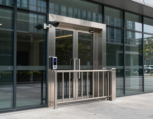 Commercial entrance with CCTV camera, access control reader and security gate