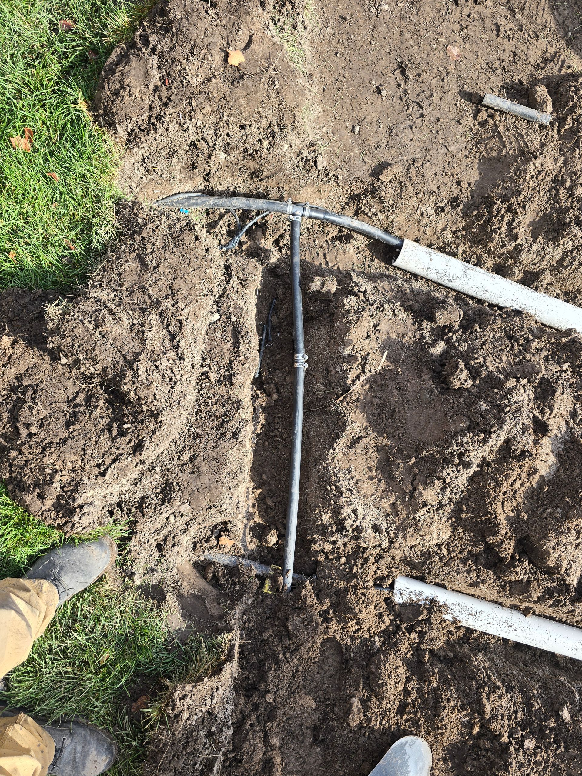 An overhead view of a black irrigation hose connected via a T-fitting to pipes buried in the dirt.