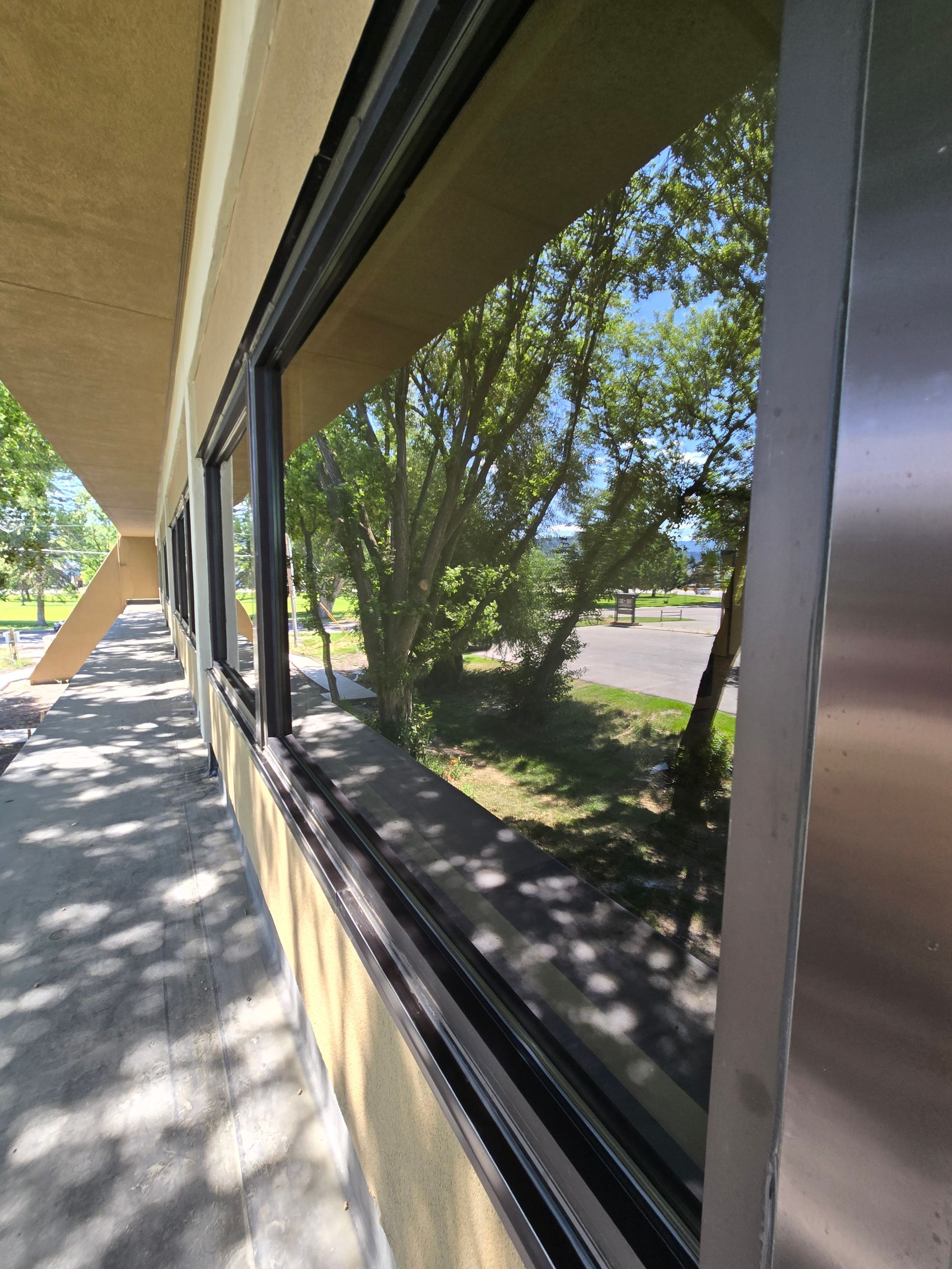 A view along a building exterior walkway, showing reflective windows reflecting trees and a bright sunny day.