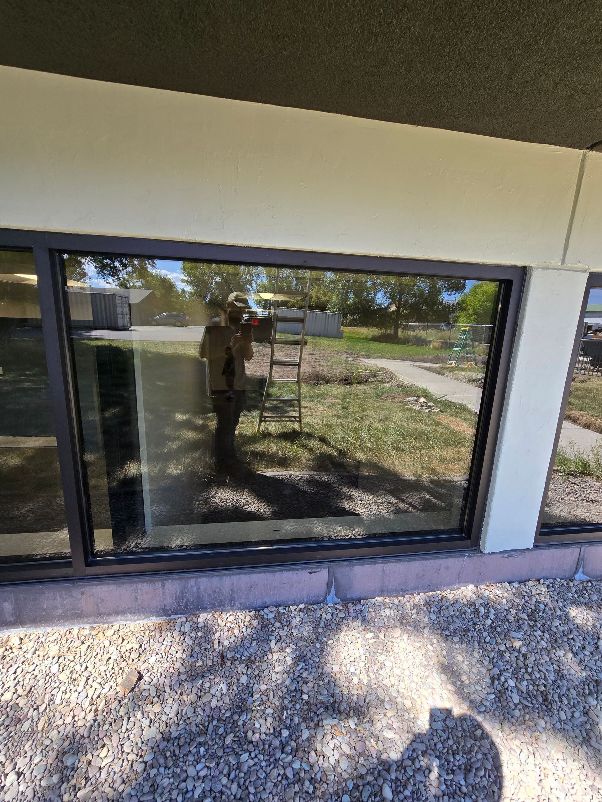Exterior view of a dark-framed rectangular window on a building, reflecting a ladder and yard.