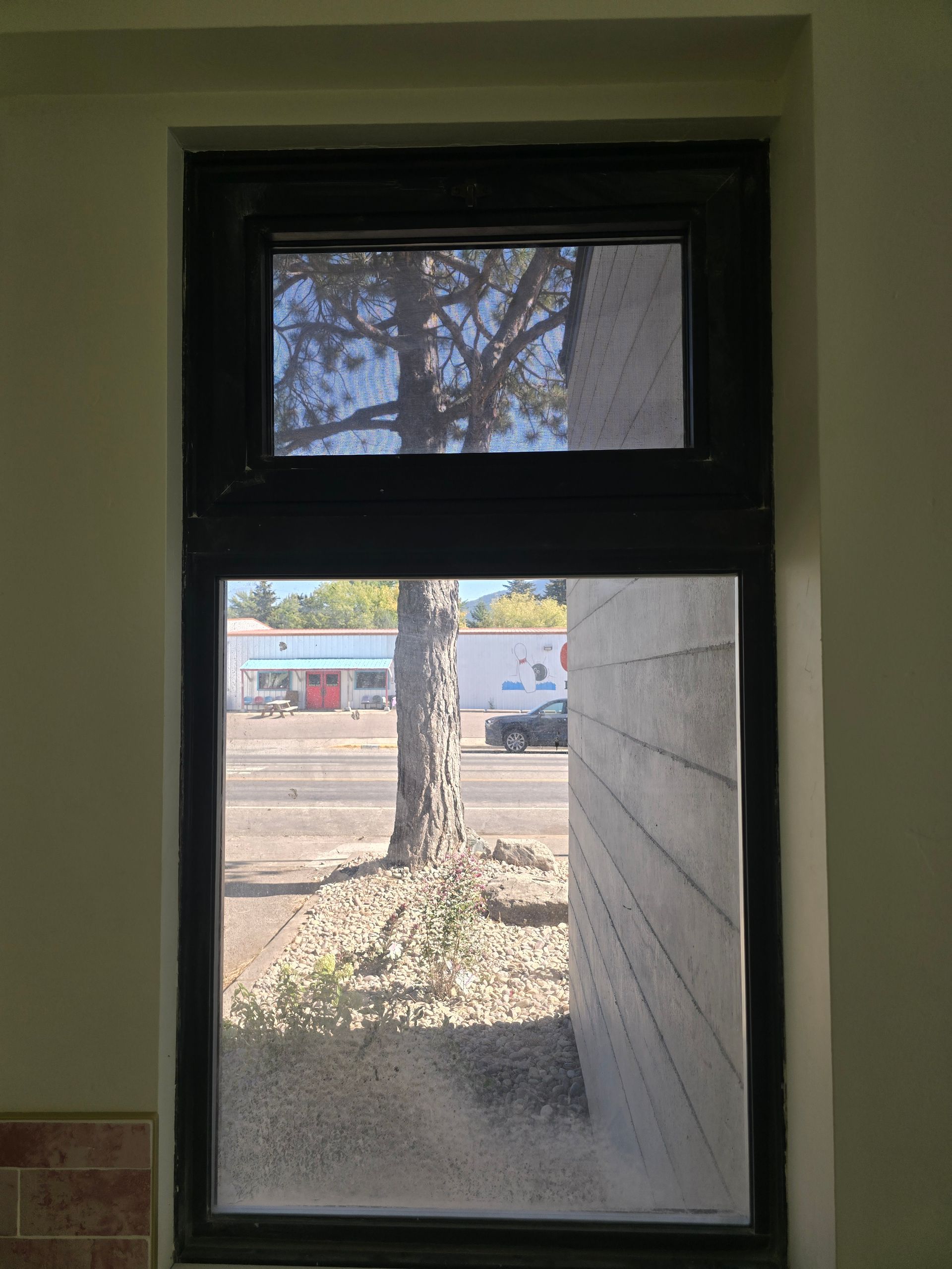 A rectangular black-framed window overlooking a tree, a gravel patch, a road, and a building under a bright blue sky.