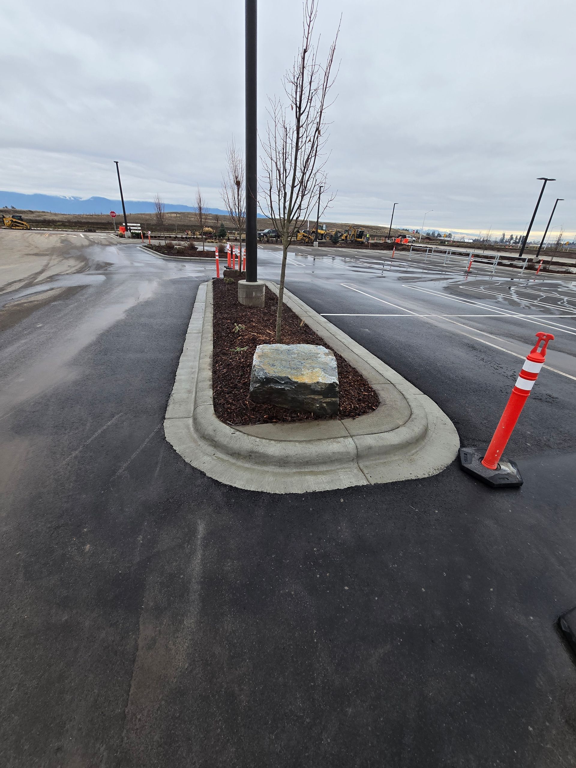 A paved parking lot with a central concrete-curbed island featuring mulch, a small tree, and a decorative rock.