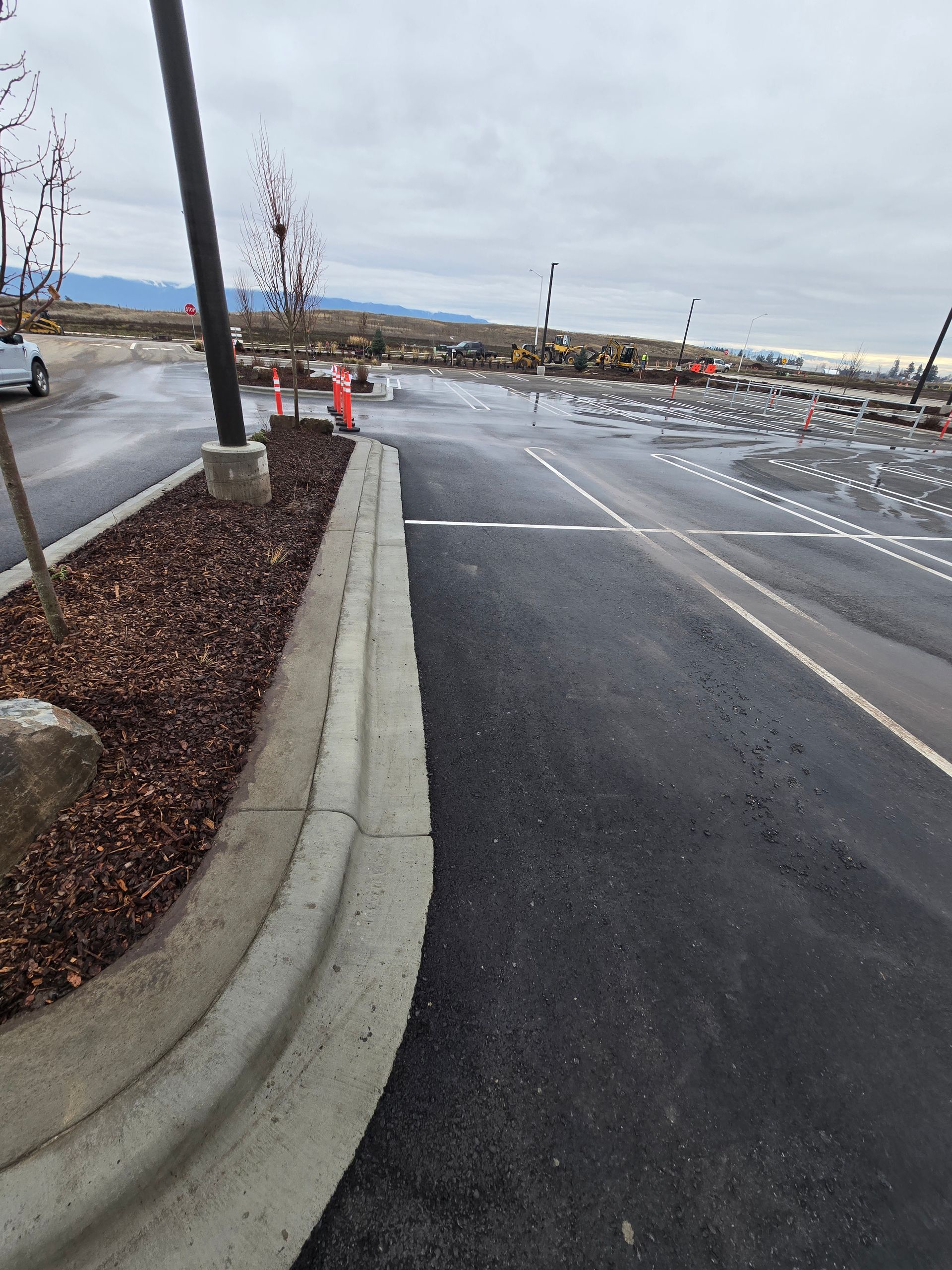 A paved parking lot with a concrete curb, mulch island, and a light pole under a cloudy sky.