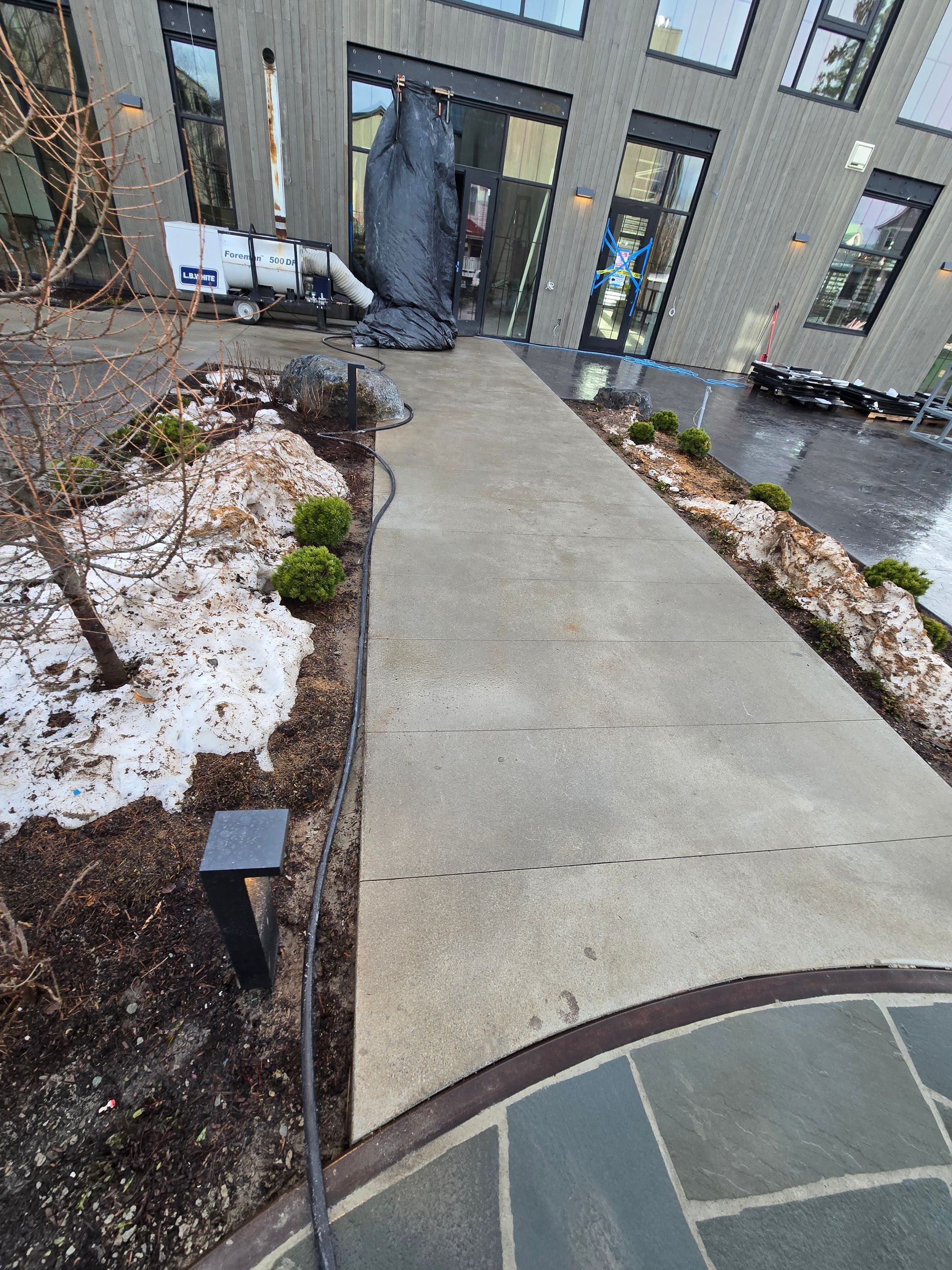 A concrete sidewalk leading to a modern building, flanked by landscaping with mulch, scattered stones, and small shrubs.