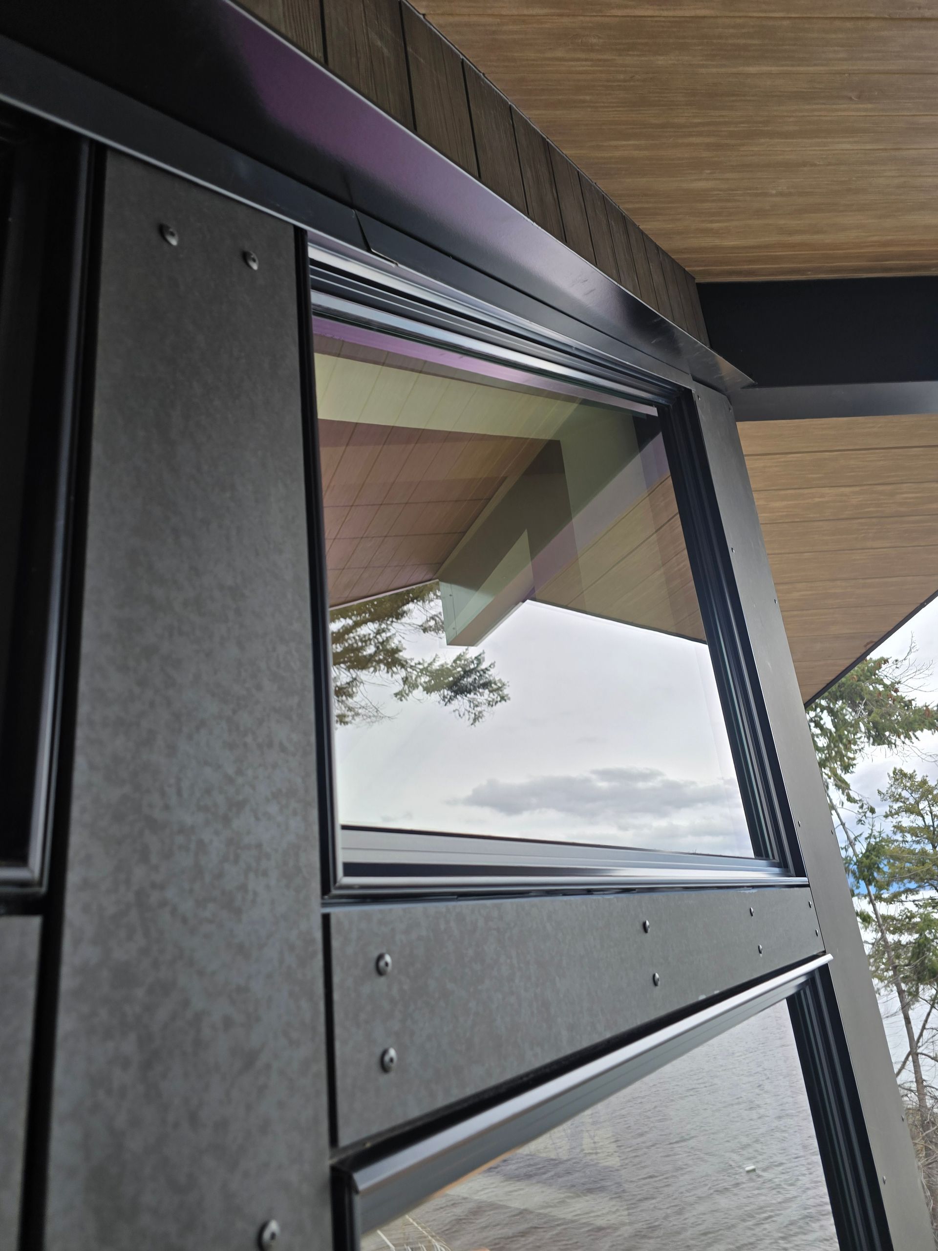 A close-up view of dark, textured exterior panels framing a window set against a sloped, wood-paneled roof and trees.