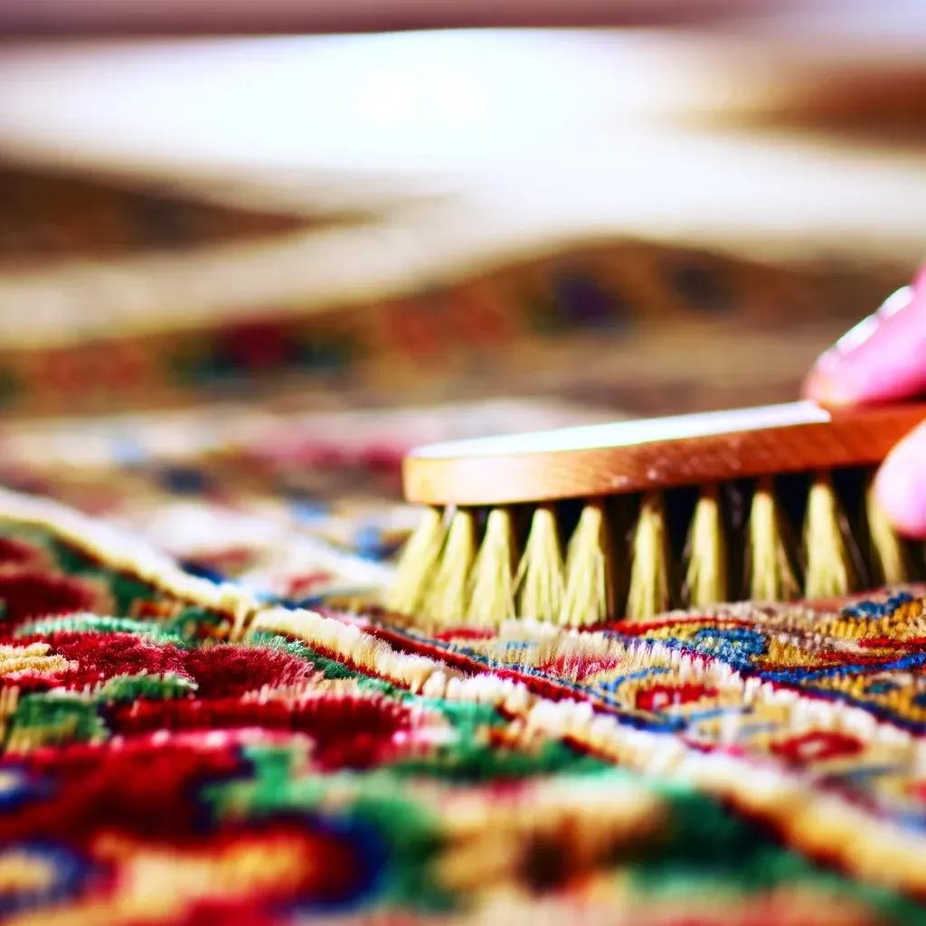 A person brushes a colorful rug with a wooden brush.