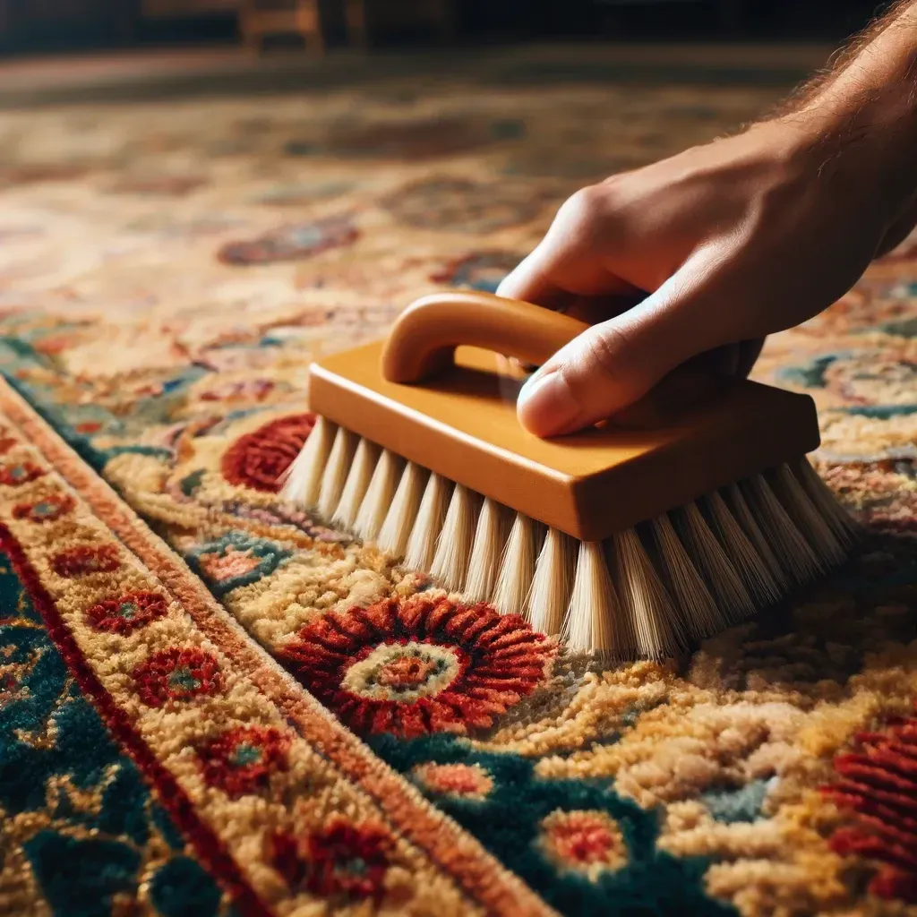 Hand scrubbing a colorful patterned rug with a brush.