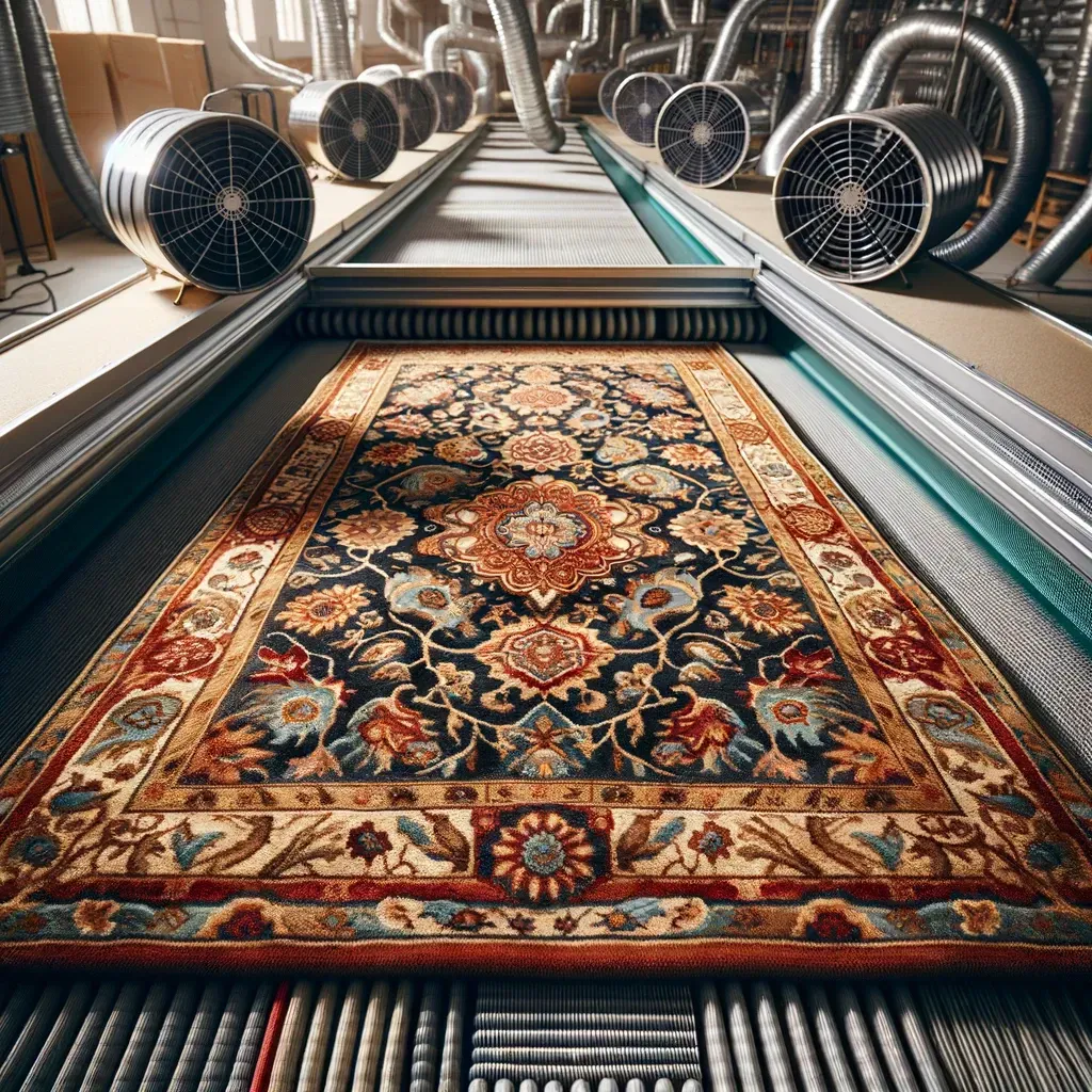 Rug on a conveyor belt, possibly being cleaned in a factory setting with fans and ducts.
