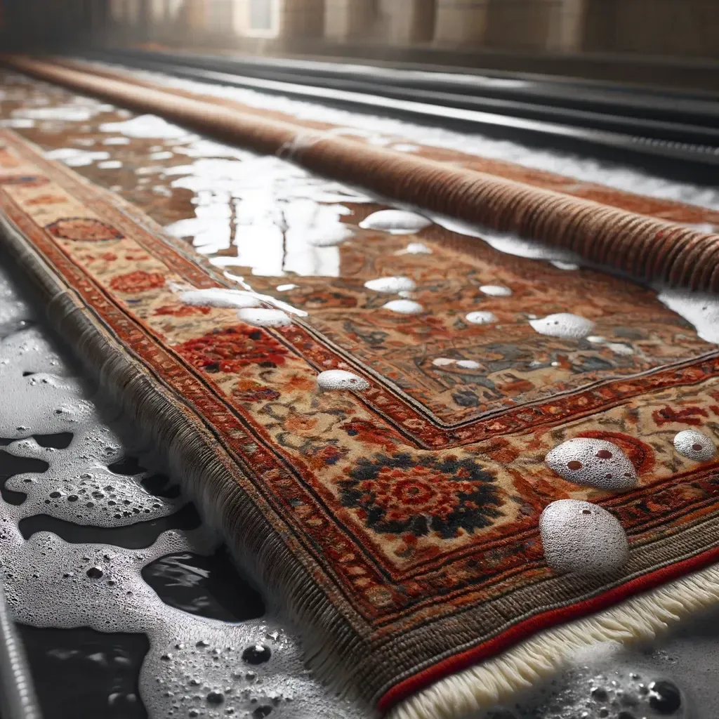 Rug being cleaned in a commercial washing machine, surrounded by soapy water.