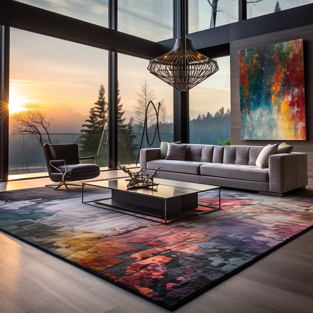 Luxury living room with a mountain view, modern furniture, colorful rug, abstract painting, sunset.