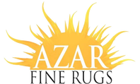 Logo for Azar Fine Rugs featuring gold sunburst and text.