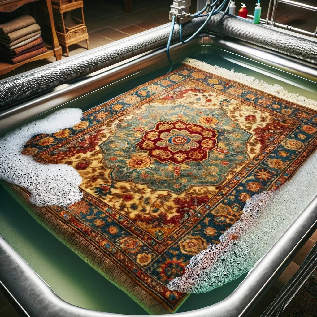 A rug being cleaned in a professional washing machine with water and soap, inside a shop.