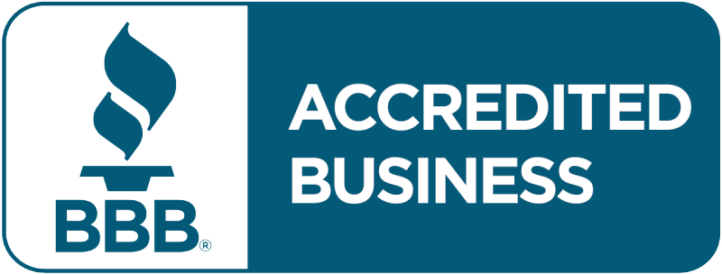 A Better Business Bureau (BBB) Accredited Business seal with a blue torch logo on the left and white text on the right.