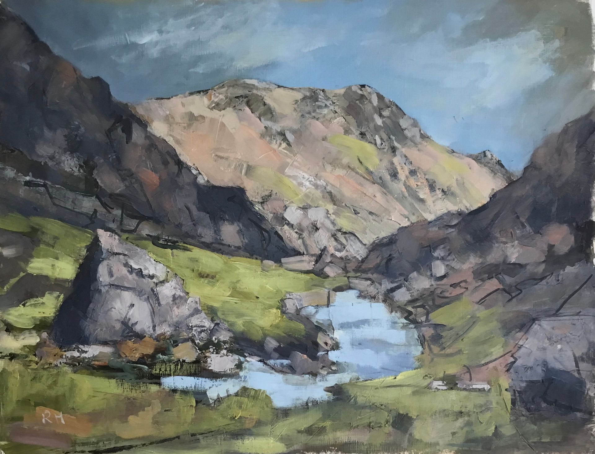A painting of a river running through a valley with mountains in the background
