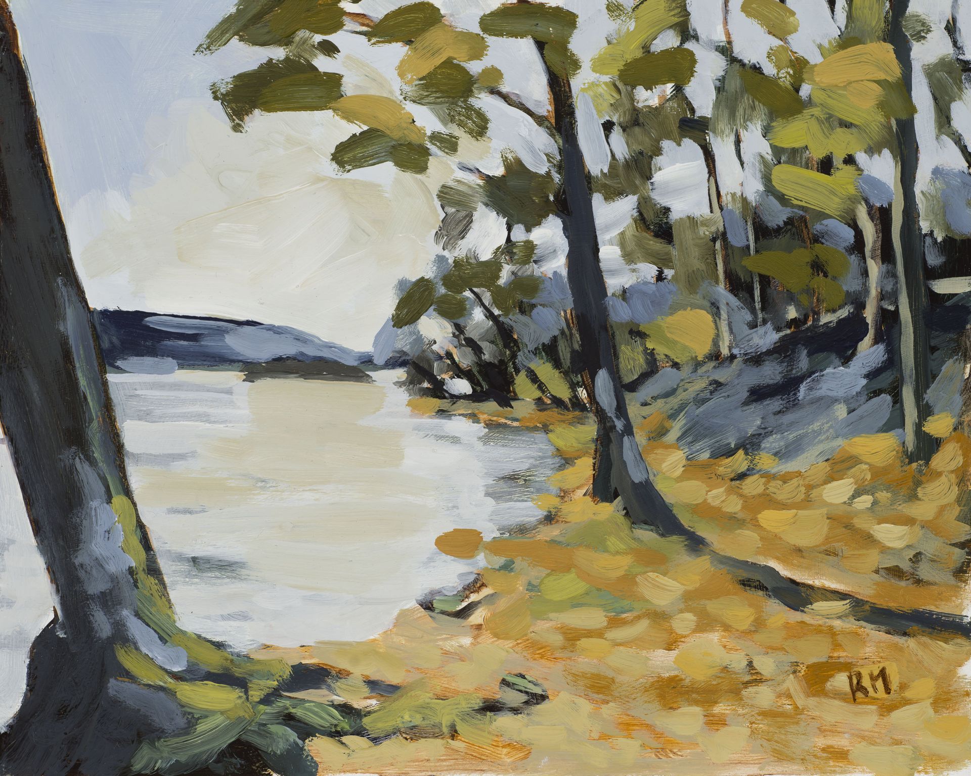 A painting of a river with trees in the foreground