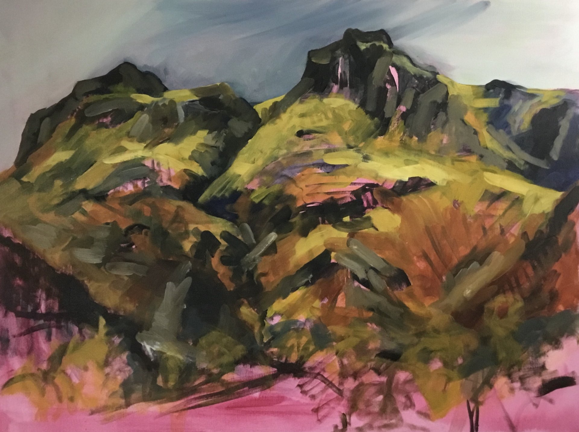 A painting of a mountain range with trees in the foreground