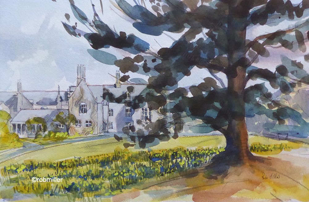 A watercolor painting of a tree in front of a house