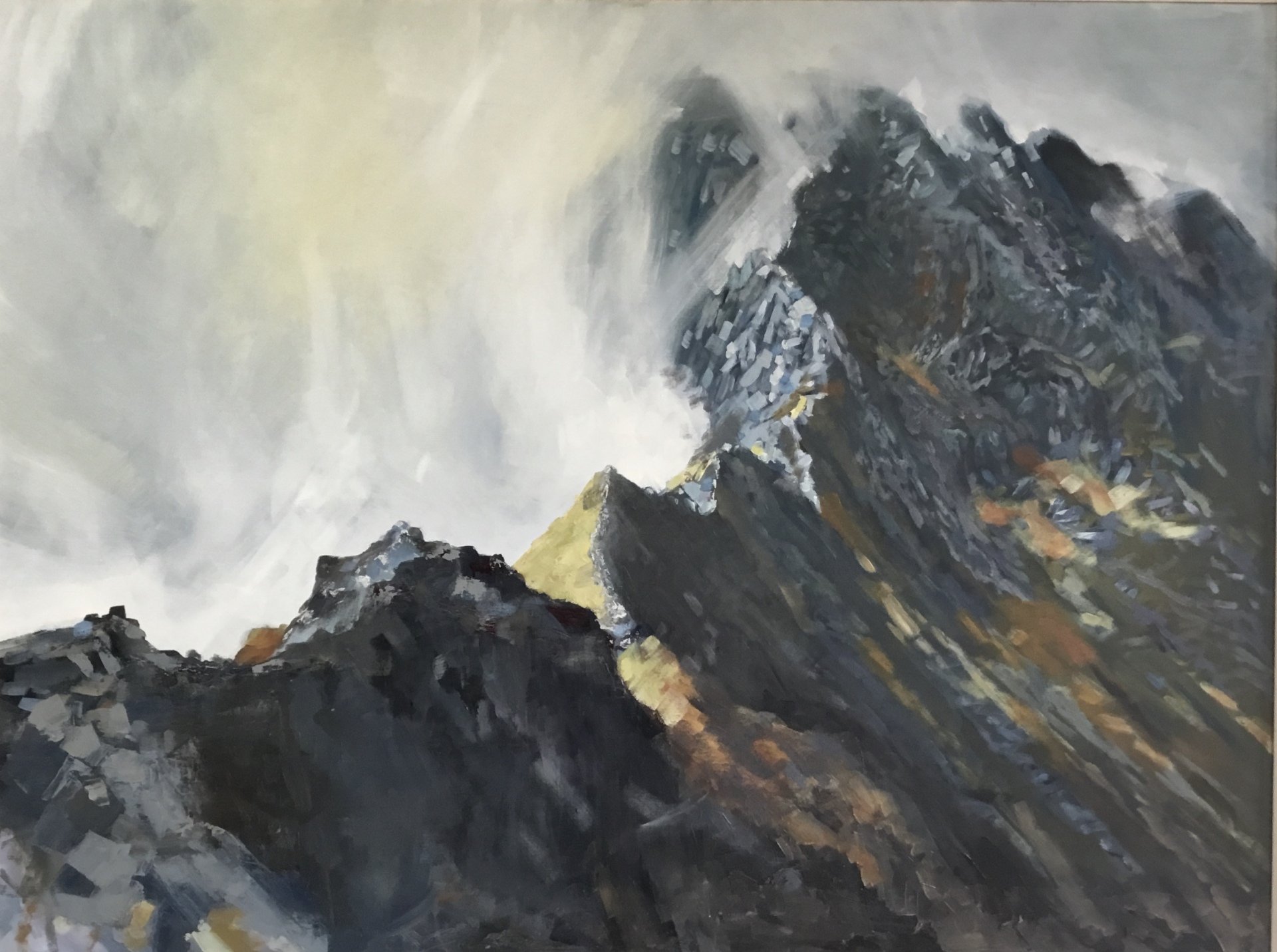 A painting of a mountain with a cloudy sky in the background.