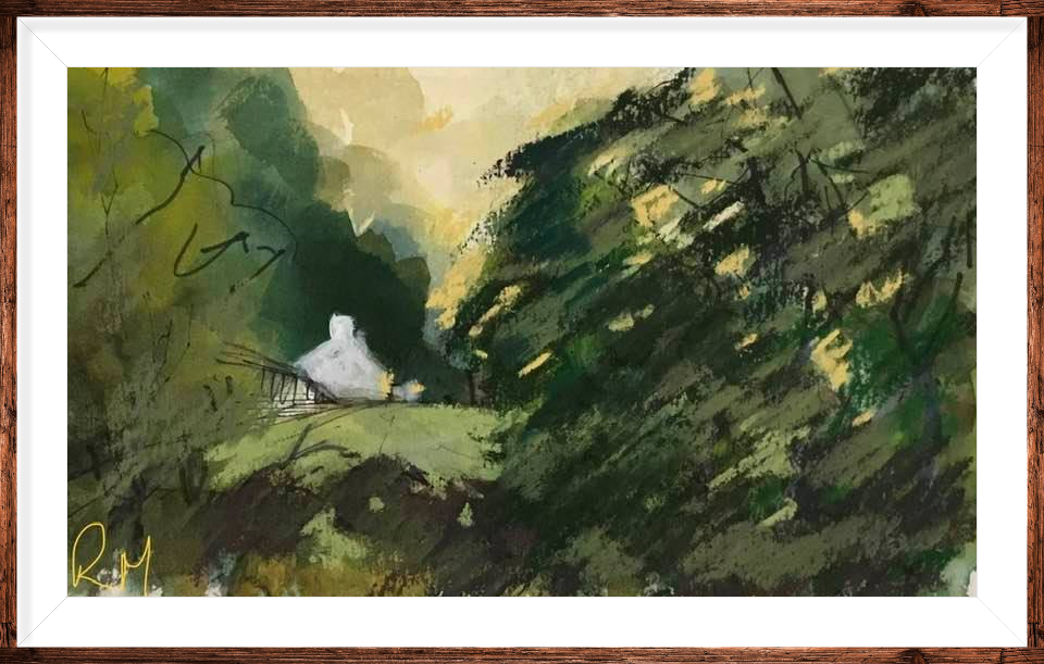 A painting of a house in the middle of a forest in a wooden frame.