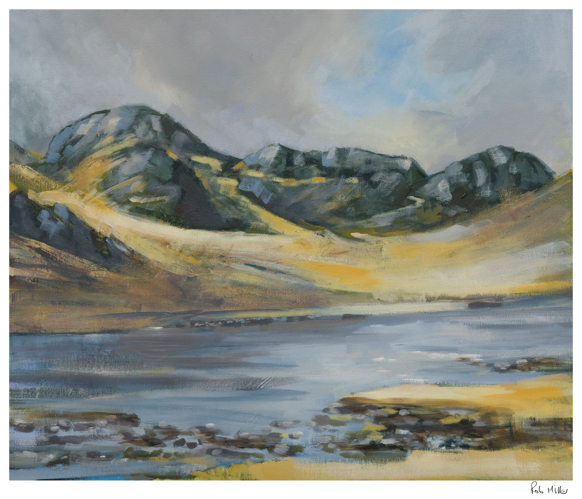 A painting of a lake with mountains in the background