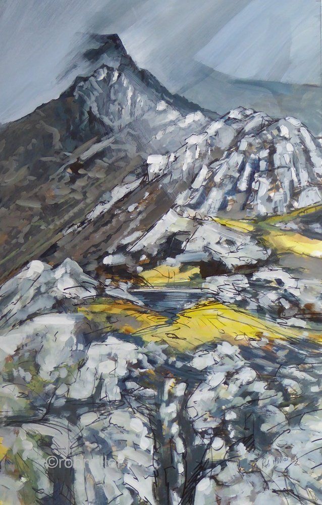 A painting of a mountain covered in snow and rocks.